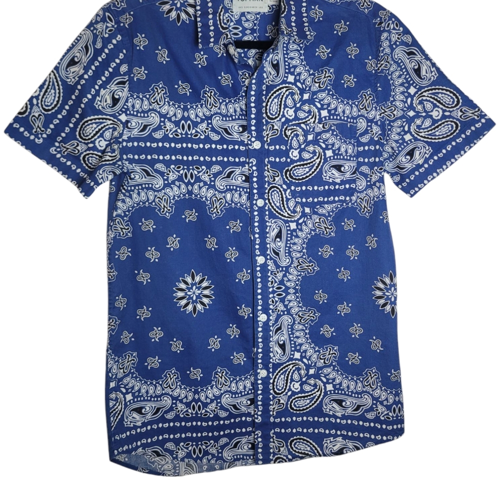 Topman Button Up Short Sleeve Shirt Mens S Blue